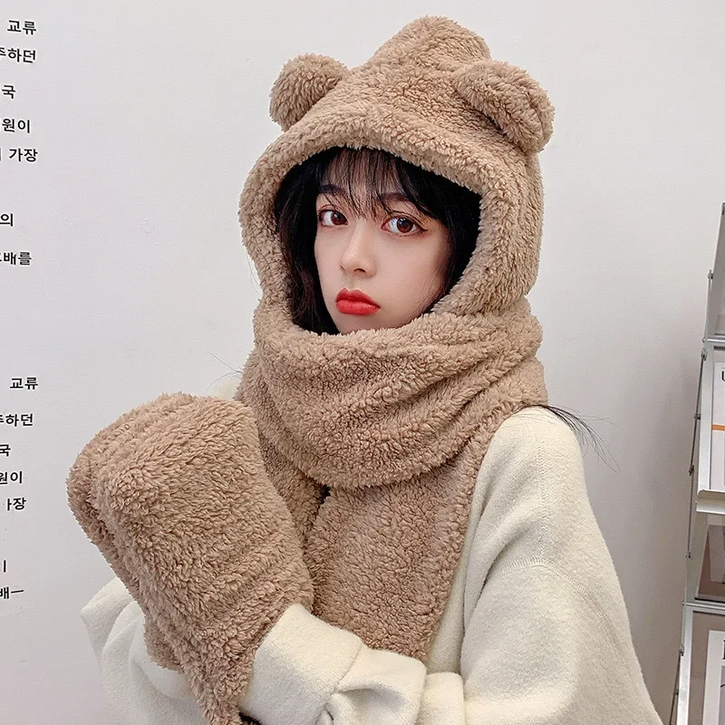 New Beanies Skullies Bear Ear Protection Hat Female Autumn Winter Cute  Plush Bib Scarf Gloves Hooded Korean Versatile Warm