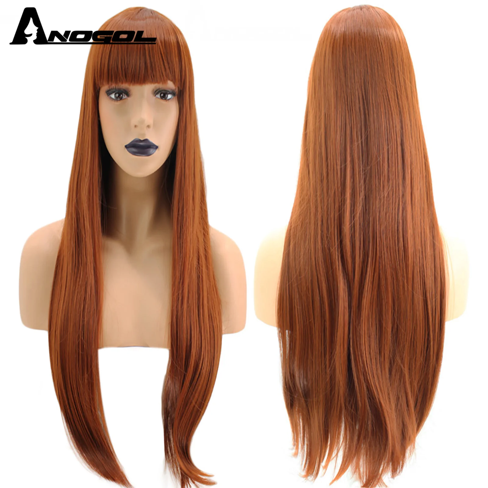 Anogol Orange Auburn Red High Temperature Fiber Natural Long Straight Synthetic Wig For Ladies Girls Women With Flat Bang Fringe