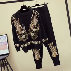 Fashion Manual Beading Sequin Flower Women Knitted Sets Long Sleeve Pullover Pencil Pant Female Casual Knit Sportswear Outfits