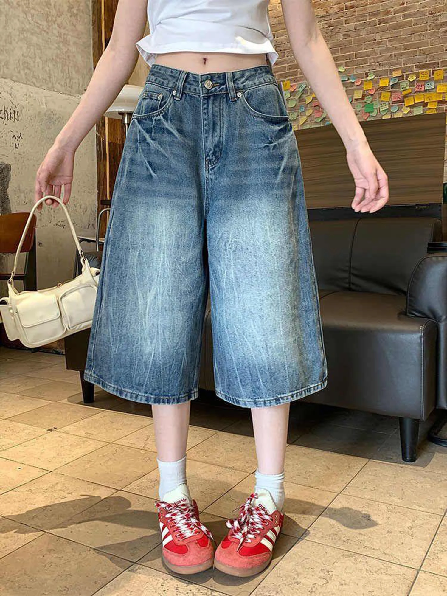 Pantalones de pierna ancha de cintura alta para mujer, pantalón Retro americano, pierna recta, patrón de relámpago, Seven-Five, verano, seis seis