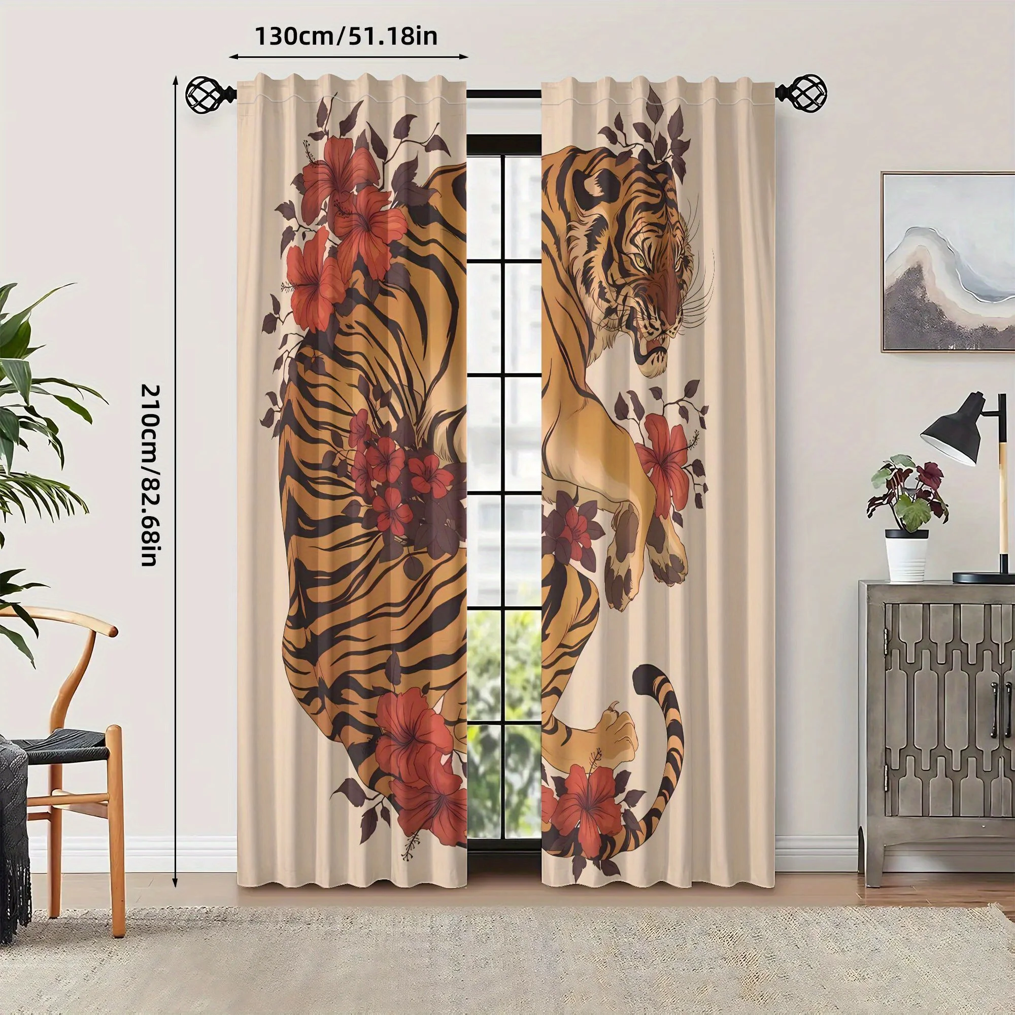 ستارة مطبوعة على شكل نمر عتيق - تصميم أنيق باللونين البيج والبني، قماش تعتيم، جيب قضيب لسهولة التعليق، آلة #5