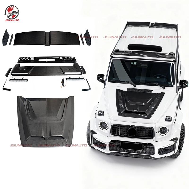 Dry Carbon Fiber Car Part For Mercedes G Wagon B800 Style Hood Scoop Roof Rear Spoiler For 19-25y G63 G550 Front LED Lights
