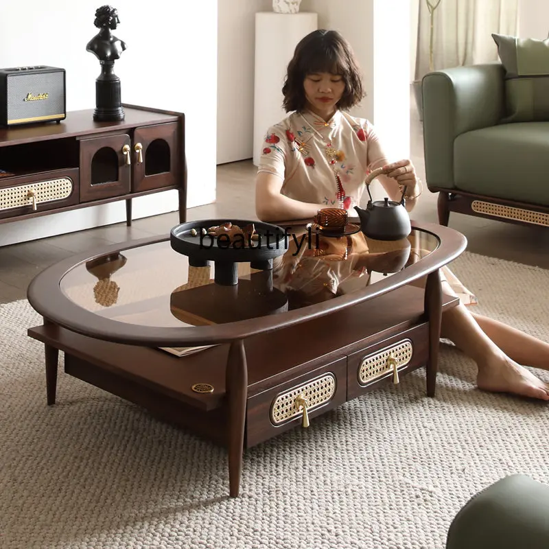 

scn8617 Журнальный столик с каплями воды, черный орех, твердая древесина, стекло, круглый комбинированный чайный столик для гостиной, ретро