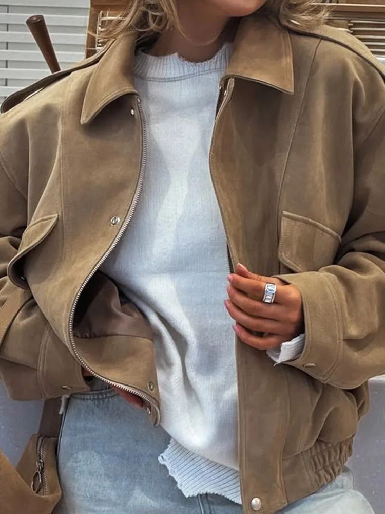 

Модные утепленные куртки, женские свободные куртки с лацканами и длинными рукавами на молнии, пальто на резинке, осень 2021, новая женская повседневная однотонная верхняя одежда