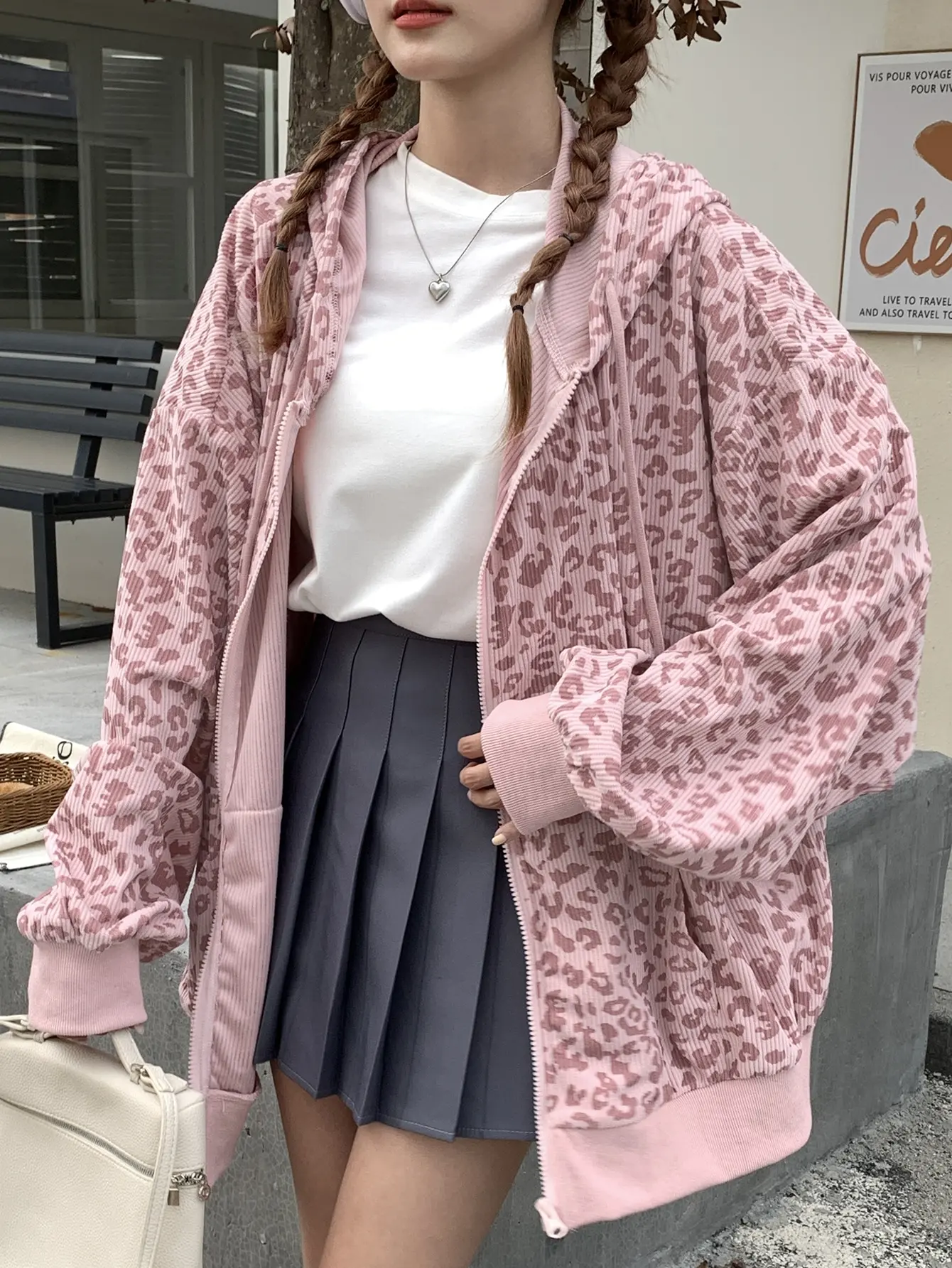 Womens Oversized Zip Up Hoodie Korean Harajuku Kpop Aesthetic Long Sleeve Hooded Sweatshirt Jacket Dusty Pink All Over Leopard Print Textured Ribbed Corduroy Full Zipper Balloon Sleeves Loose Fit For Fall Winter Campus Daily Outfits Christmas Gift