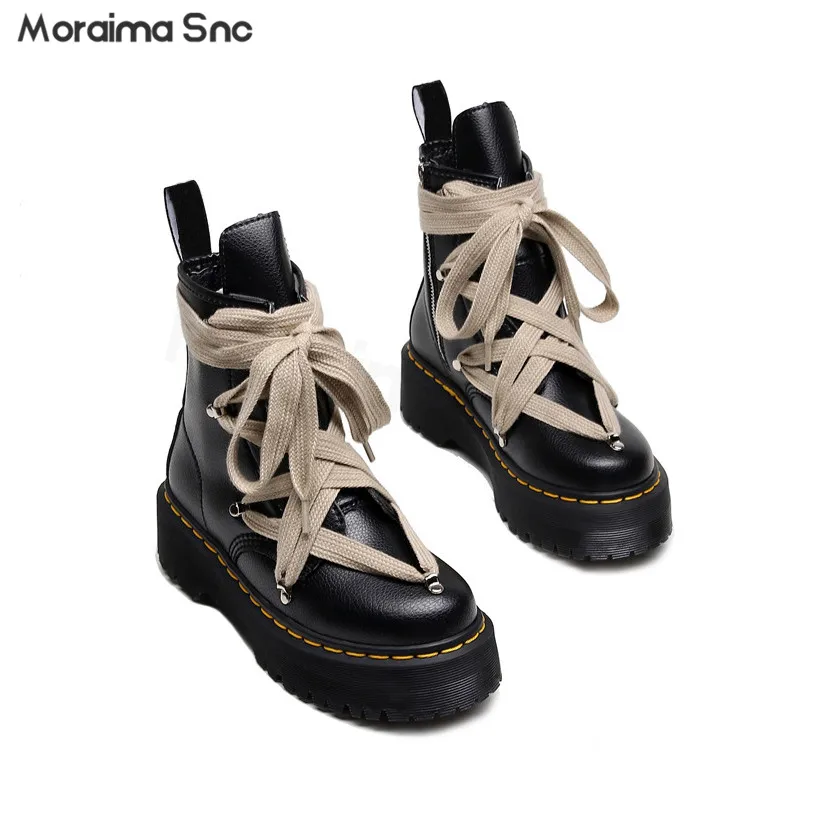 Cross-Strap Pebbled Boots Round Toe Thick Sole Personality Short Boots Side Zipper Leather Fashion Large Size Women's Boots