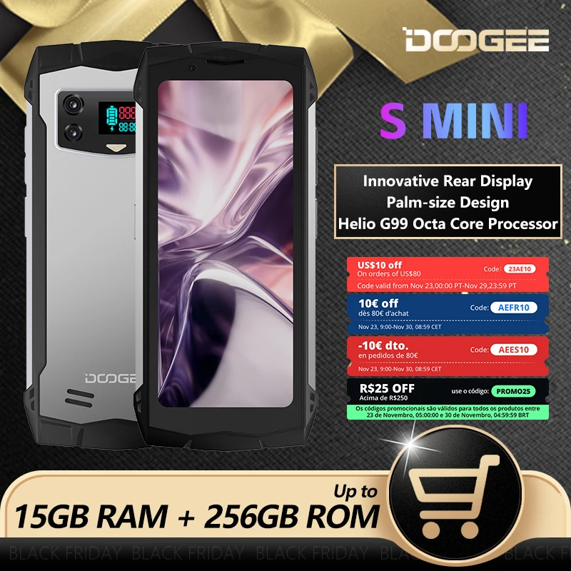 DOOGEE Smini 견고한 휴대폰, 4.5 인치 qHD 디스플레이, 혁신적인 후면 디스플레이, 3000mAh, 18W 고속 충전 휴대폰, 8GB + 256GB