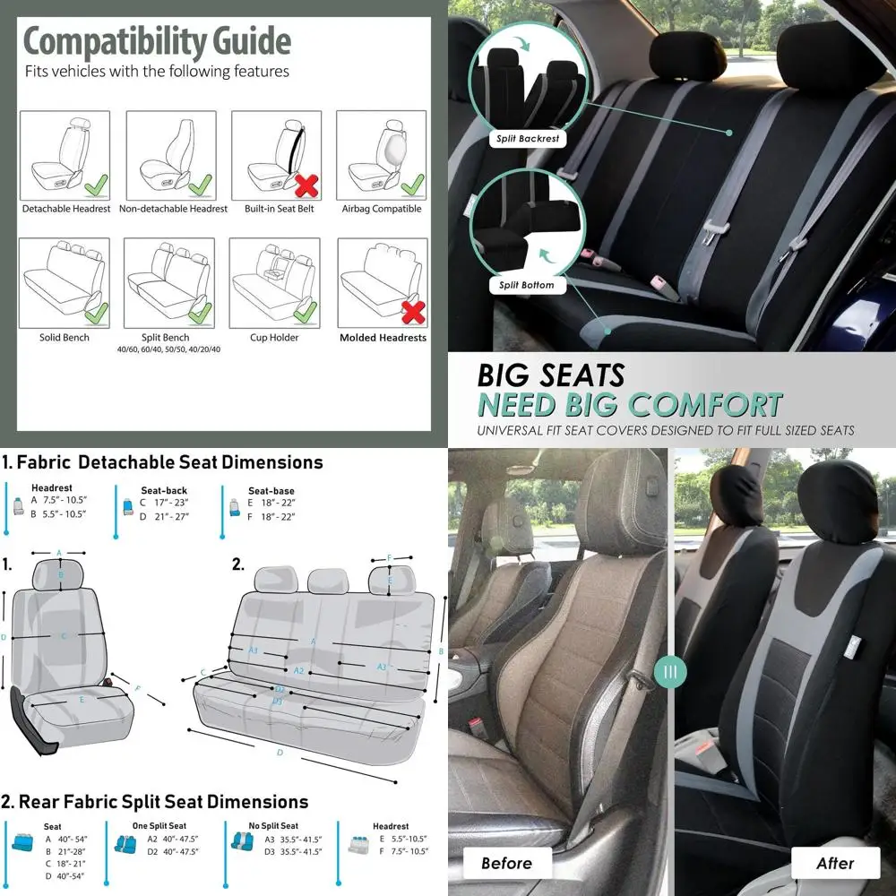 

Car Seat Covers Combo Sports Full Set Gray Accessories Van Seat Covers, Airbag and Split Rear Car Seat Cover Universal Fit Inter