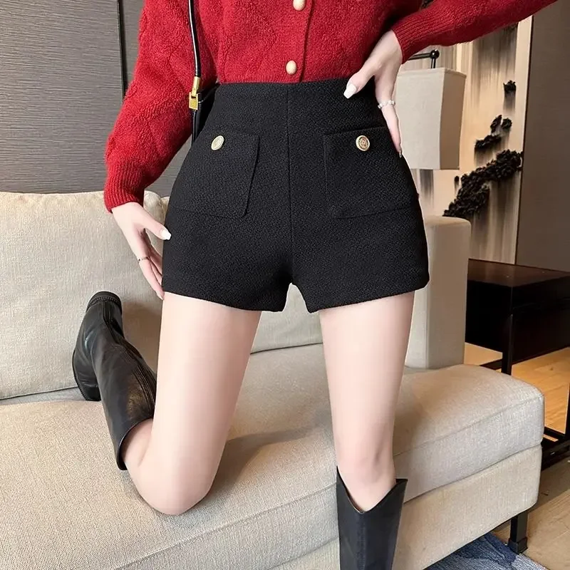 여성용 트위드 블랙 마이크로 반바지, 하이 웨이스트 스트레이트 레그 팬츠, 스위트 핫 걸, 우아한 패션, 가을 및 겨울