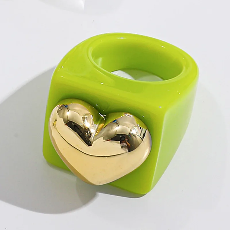 Harajuku Fashion Rainbow Colorful Resin Acrylic Geometric Metal Heart Ring For Women Party Sweet Aesthetic Jewelry Accessories