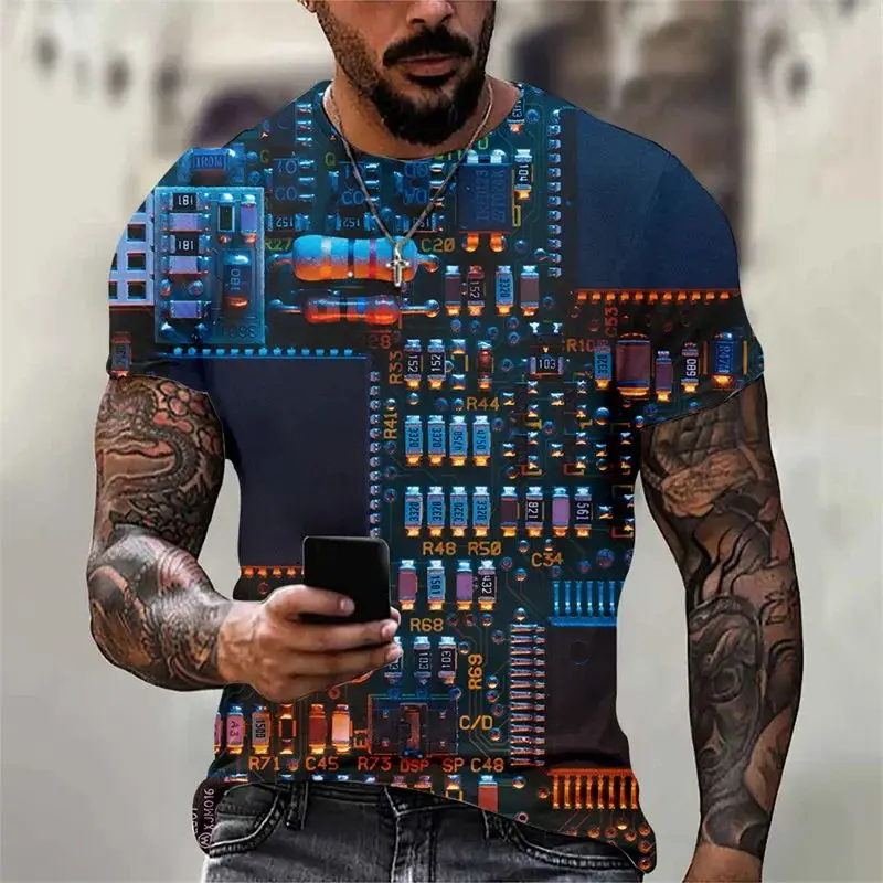 Summer Men Circuit Board Electronic Chip Cpu Creative Graphics 3d Printing T-Shirt Fashion Collar Short Sleeve Plus Size Top