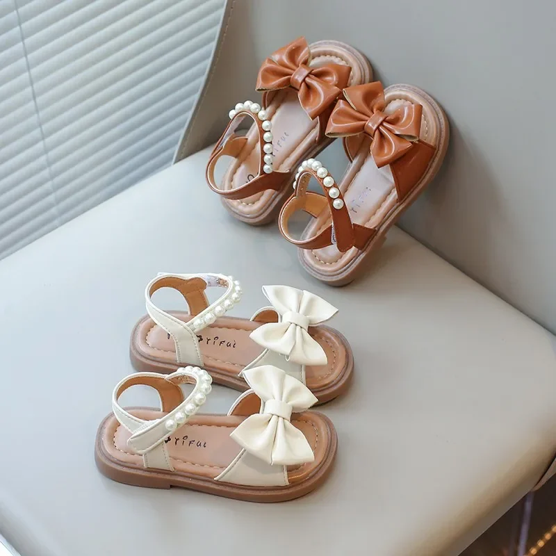 Toddlers Summer Girls Leather Sandals Princess Soft with Pearls Sweet Children Holiday Sandals Chic Open Toes Kids Bowtie Shoes