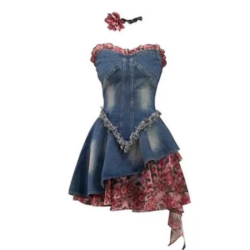 

Rose Off Shoulder Denim Dress Y2k Summer Women Vintage Spliced Fashion Causal Irregular Waist Hugging Short A-line Skirt