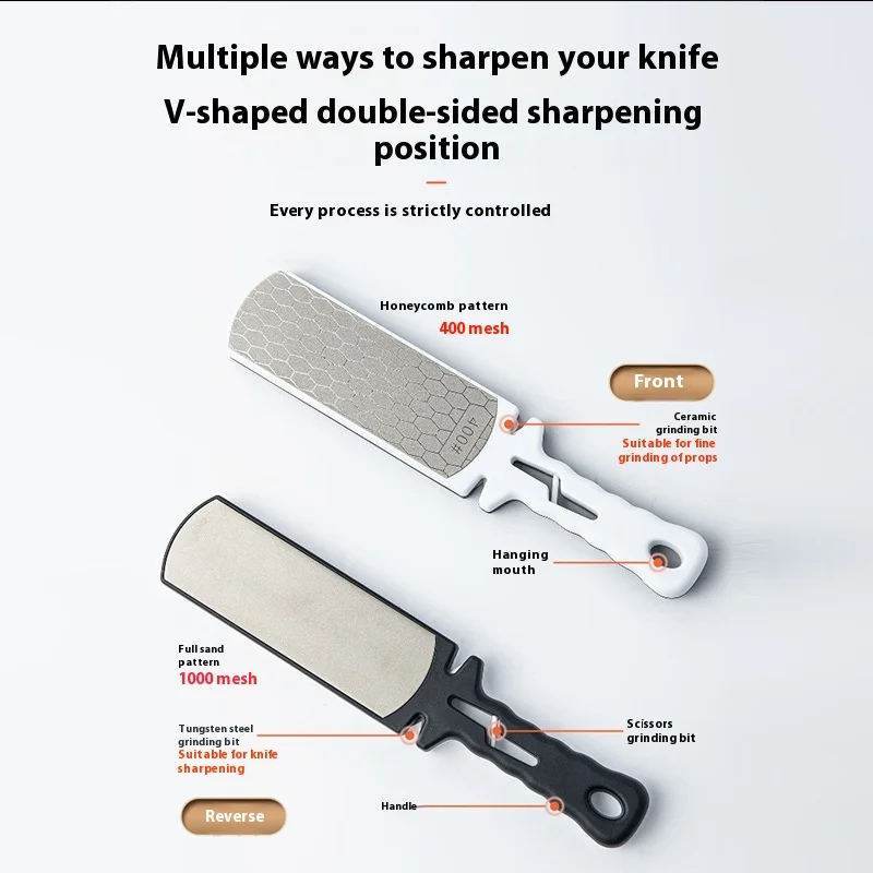 Handheld Double-Sided Diamond Sharpene Sharpener Plate Whetstone with Ceramic Tungsten Steel Scissor Slot for Kitchen Outdoor