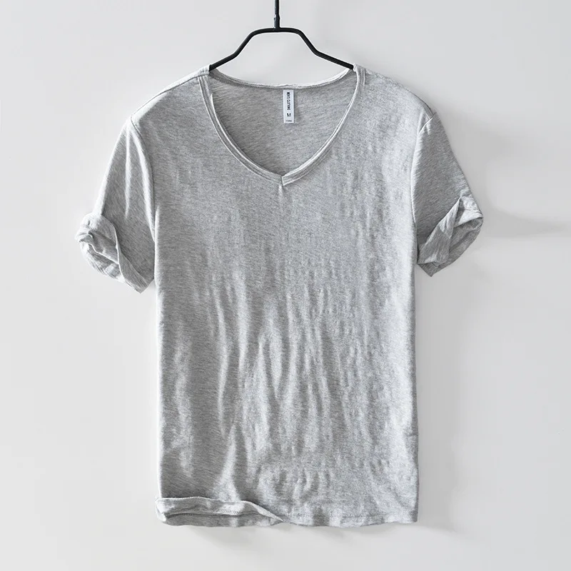 Męska koszulka T-shirt 2026, gładka, z dekoltem w serek, z krótkim rękawem, dopasowana, z włókna bambusowego, odzież fitness dla mężczyzn.