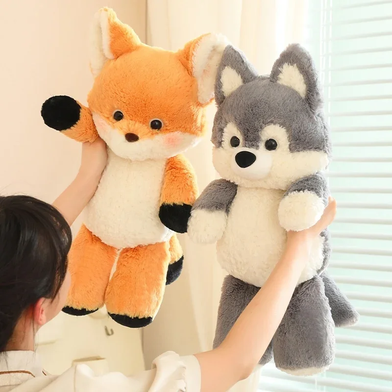 Adorável sonhador dos desenhos animados raposa lobo brinquedos de pelúcia fofo confortável huggable raposa lobo boneca vestindo jeans saia jeans presente perfeito para crianças