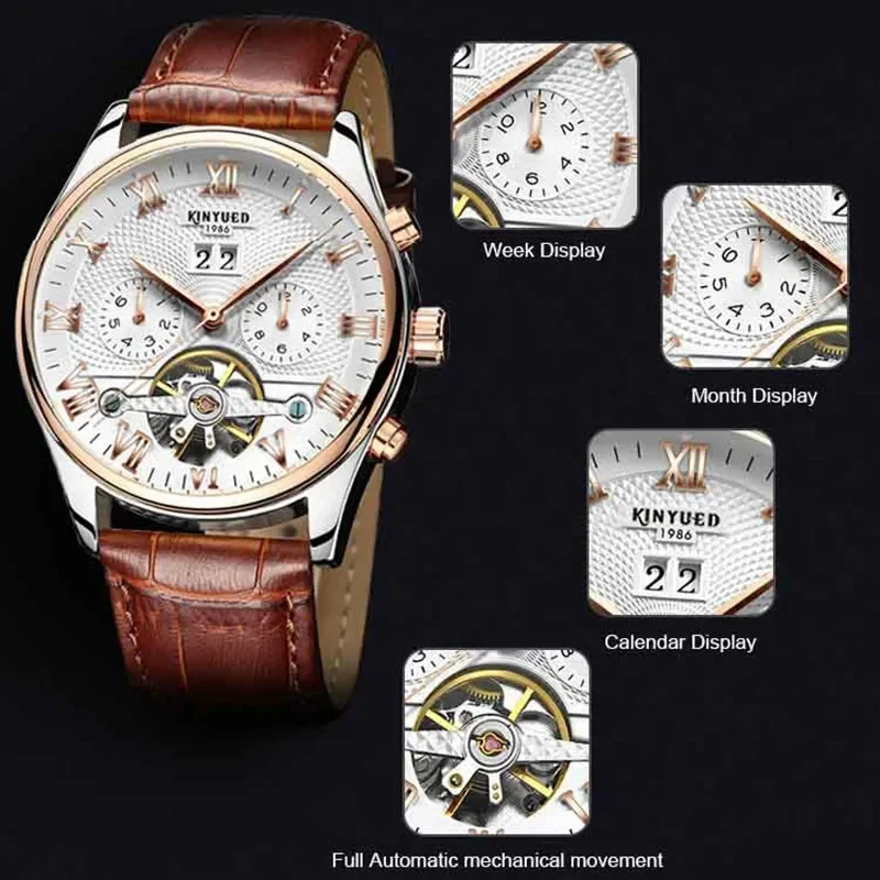 KINYUED Mens Watches Luxury Original Brand Men Skeleton Tourbillon Mechanical Automatic Watch for Man Waterproof Bracelet