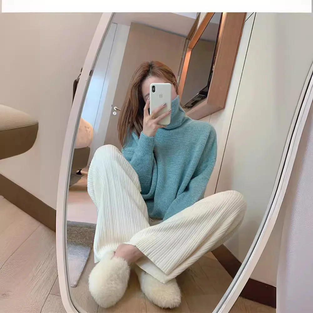 

Вязаные свободные длинные брюки в ленивом стиле, прямые брюки в полоску, повседневная удобная женская одежда, брюки полной длины E11136