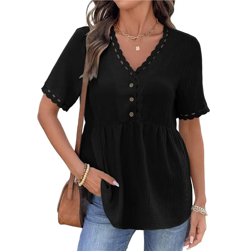 

CYL-Womens Short Sleeve Babydoll Tops Lace Trim V Neck Tunic Shirts For Women Summer Spring Blouse
