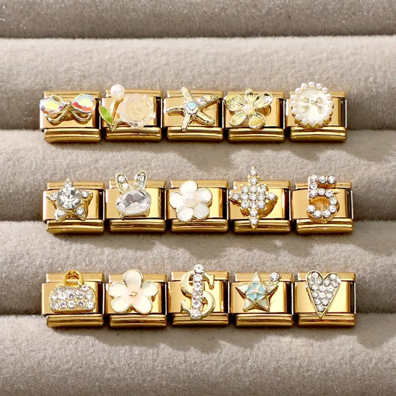 Shiny Zircon Rose Starfish Bag Bow Heart Cherry Star Gold Color Italian Charm Links Fit 9MM Stainless Steel Bracelet DIY Making