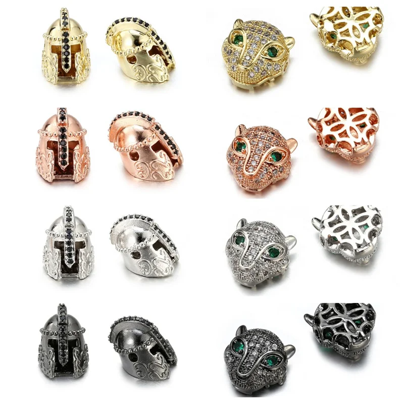 3Pcs Copper Inlaid Zircon Crystal Crown Leopard Helmet Skull Loose Spacer Beads for Jewelry Making DIY Charm Men Bracelet