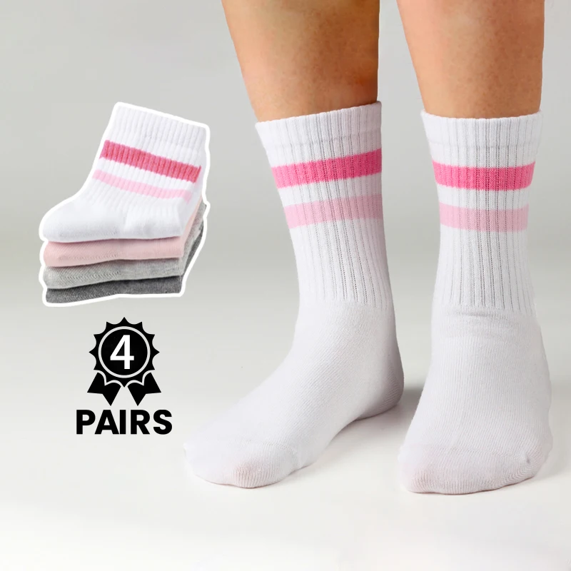4 Pairs Kid's Pink Heart-Shaped Striped Mid-Calf Socks, Suitable for Girls to Wear in All Four Seasons, for Back-to-School