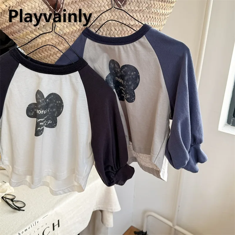 

Kids Casual T-shirt Boy and Girl Color Blocking Raglan Sleeve Floral Print O-neck Tees Baby Boy Girl Clothes for Autumn A6090