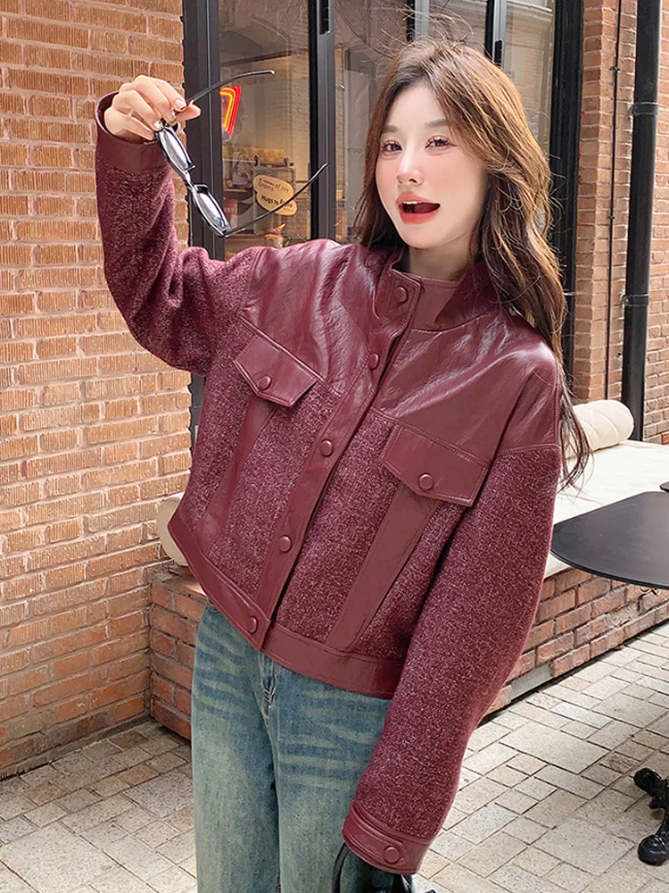 슈퍼 잘 생긴 접합 빨간색 가죽 자켓 여성 2025 봄 새로운 스타일 복고풍 패션 작은 스탠드 칼라 유행 재킷