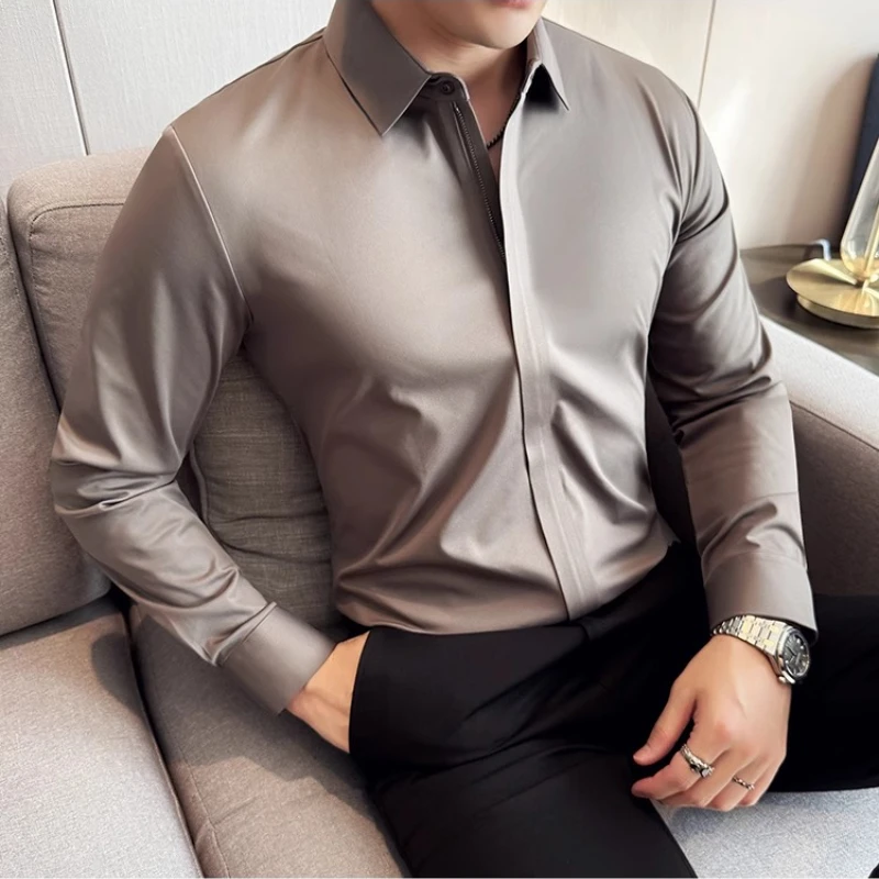 High Quality Seamless Elastic Business Shirt for Men Long Sleeve Casual Social Office Shirts Comfortable Streetwear Men Clothing