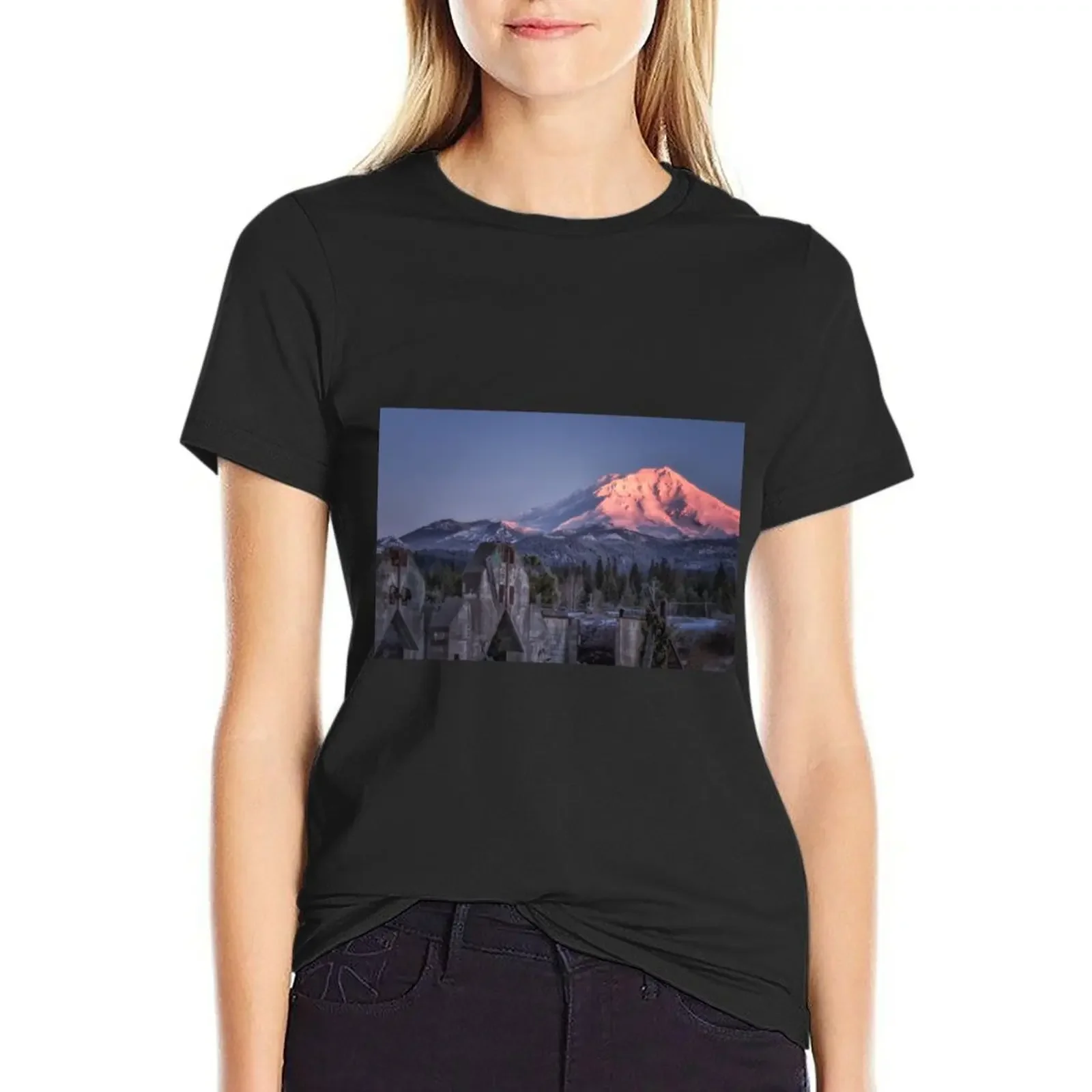 

A New Day at an Old Site concrete ruins at the base of Mt. Shasta T-Shirt blacks cute tops new edition Woman clothing