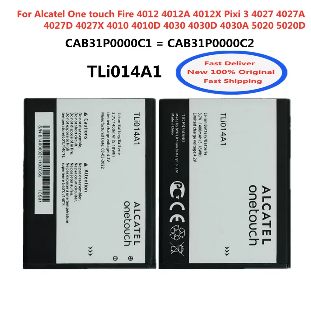 New Original Battery TLi014A1 for Alcatel 4007d/4010d/4015d/4030d/4033d/990/985D CAB31P0000C1 / CAB31P0000C2 Phone Batteria