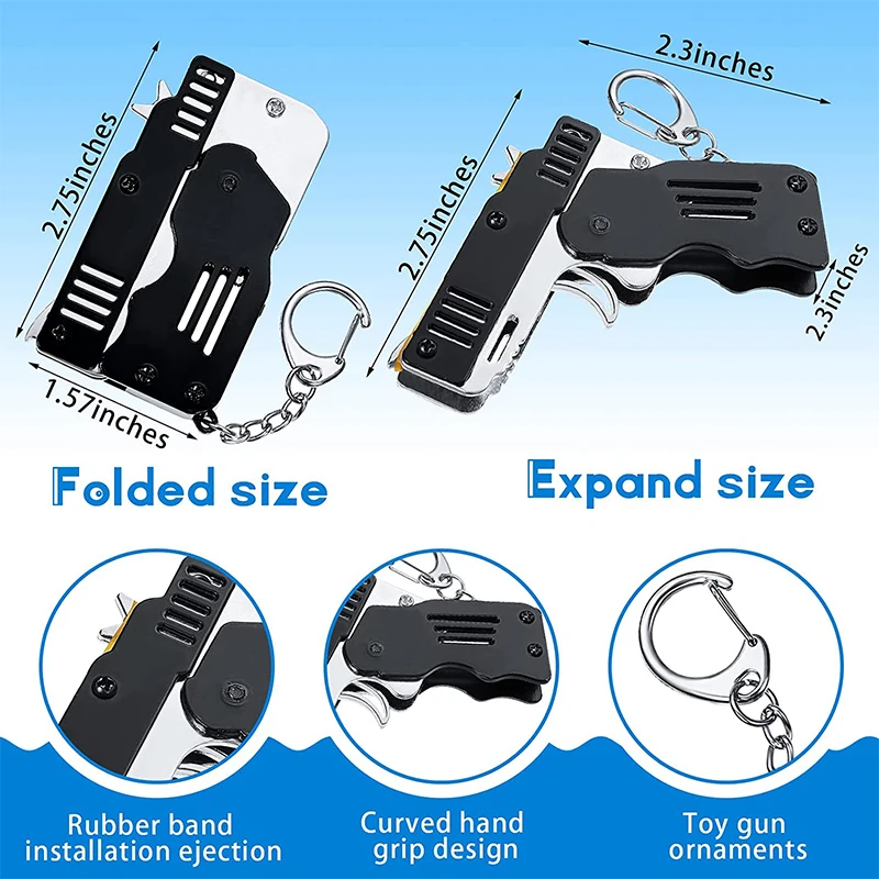 1PCS Mini Keychain Gun Rubber Band Gun Toy Shooting Pistol Alloy Rubber Band Pistol Kids Outdoor Party Folding Metal Gun Gifts