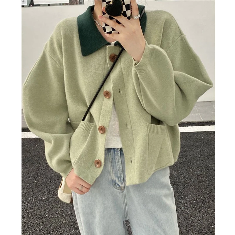 Women Japanese Style Contrast Color Sweet Chic Kawaii Button Knitted Cardigans Y2K Casual Streetwear Long Sleeve Loose Sweaters