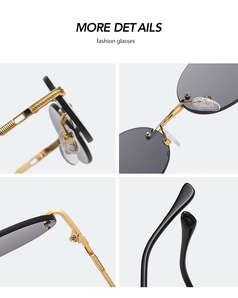 Retro Ovale Sonnenbrille Randlos Herren Blau Verspiegelt Gold Metall Herrenbrille Rund Rahmenlos Damen UV400 – Detail 19