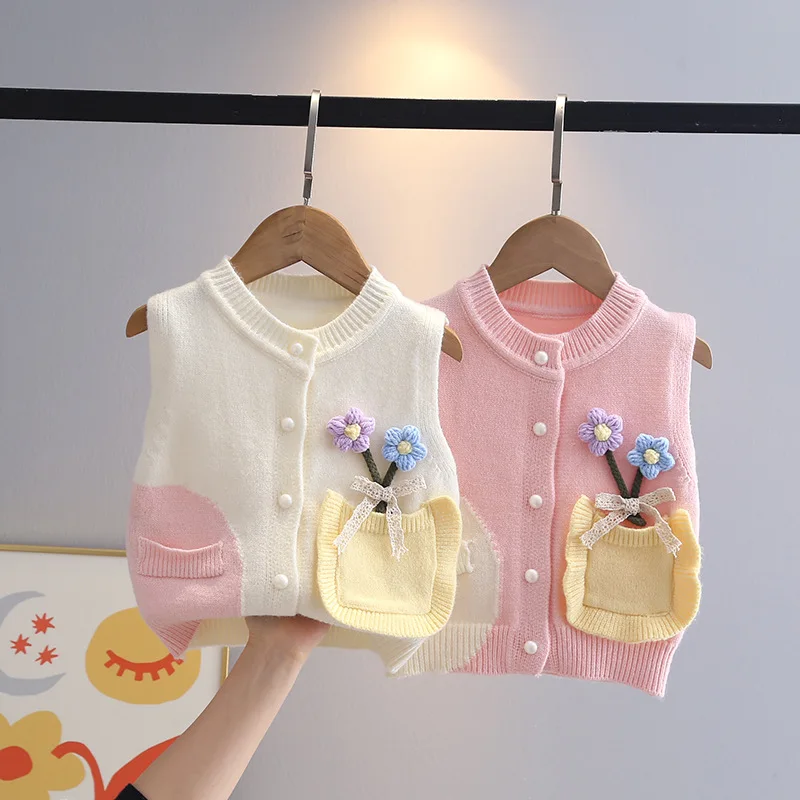 Single Breasted Knitted Waistcoat Little Girl Autumn Trendy Sleeveless Sweaters Casual Simple Cardigan Vest with Pockets IY07051