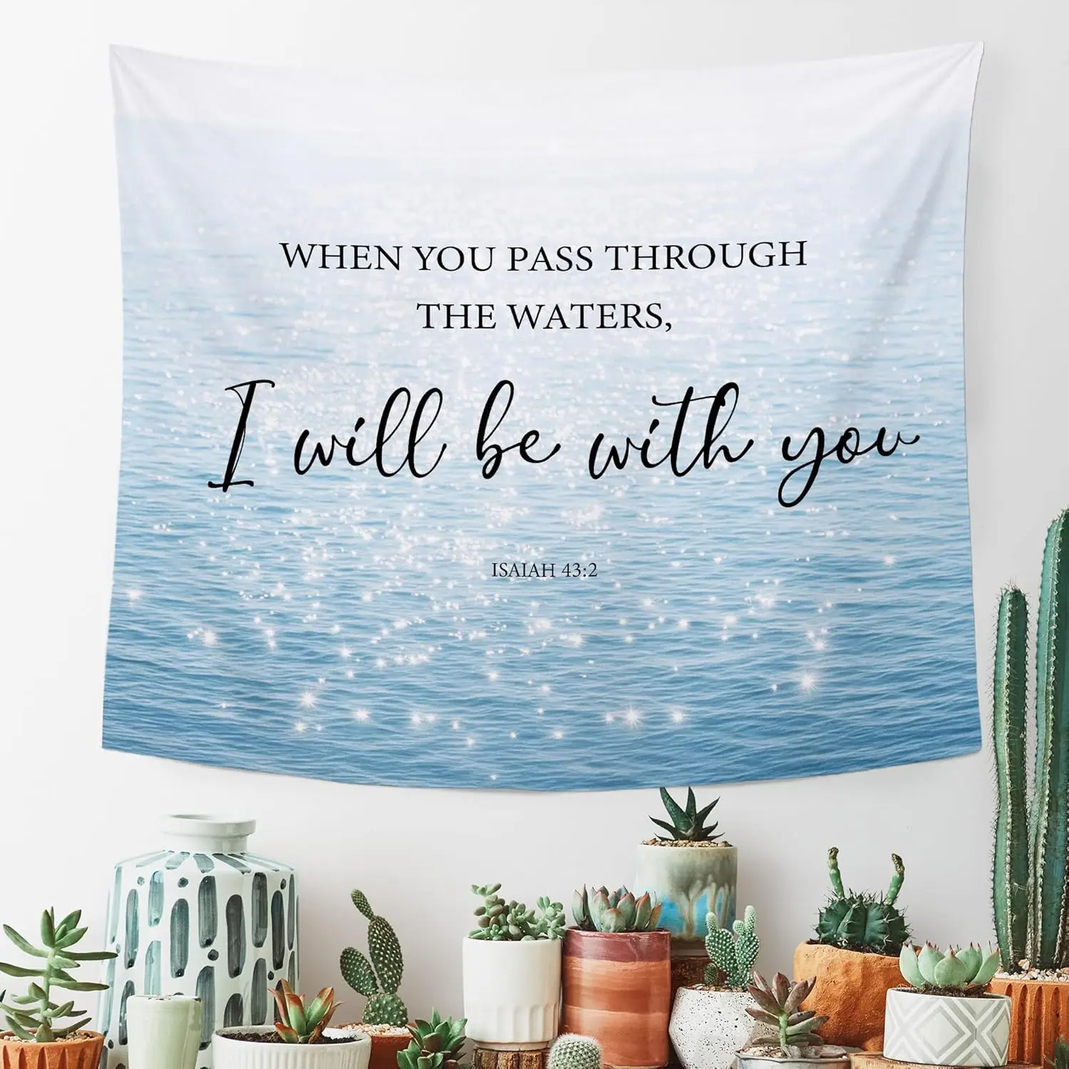 Christian Sea Ocean Coastal Wall Tapestry Hanging for Bedroom, Bible Verse When You Pass Through The Waters Banner, Blue Summer