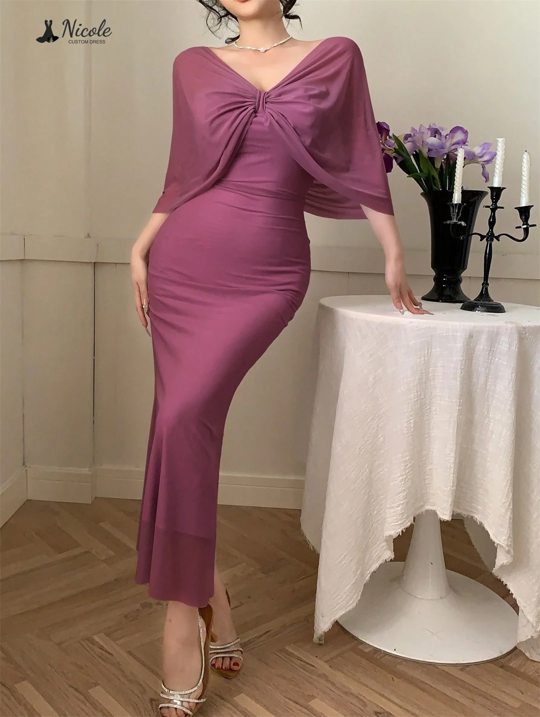 

Nicole Wedding Evening Dress Woman Fishtail Skirt Elegant Party Dresses for Wedding Woman Shawl Custom Made Chiffon Ball Gowns