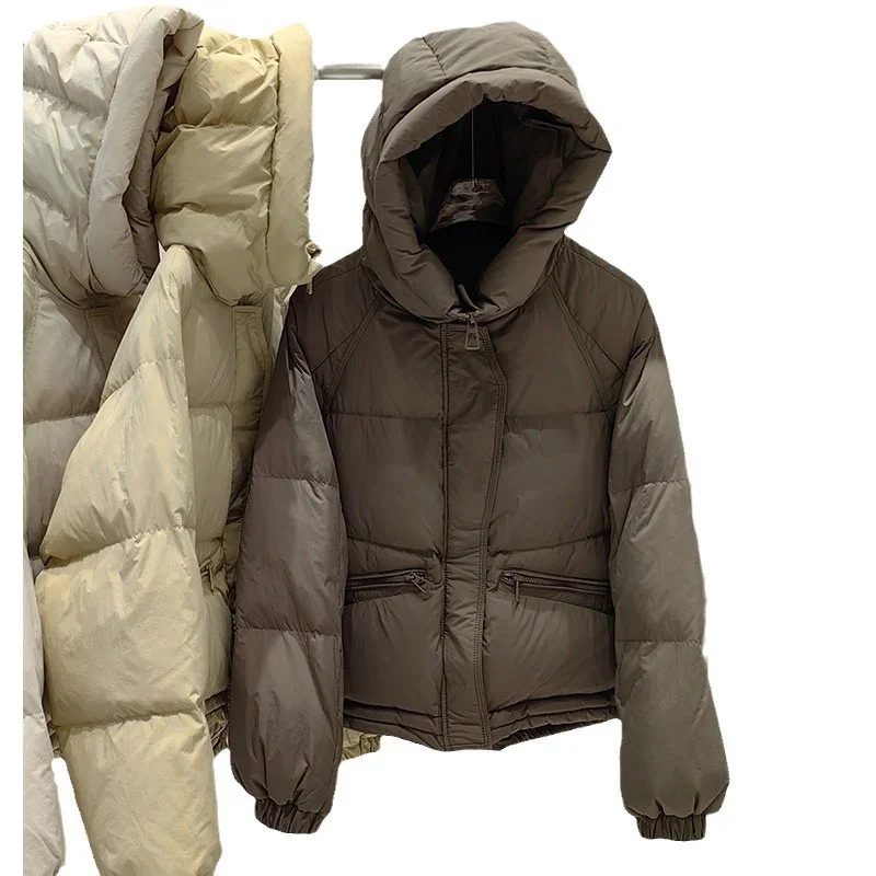 Schinteon 여성용 후드 다운 재킷, 따뜻한 외투, 드로스트링, 루즈 캐주얼, 화이트 덕 다운, 짧은 코트, 가을, 겨울, 2024 신상