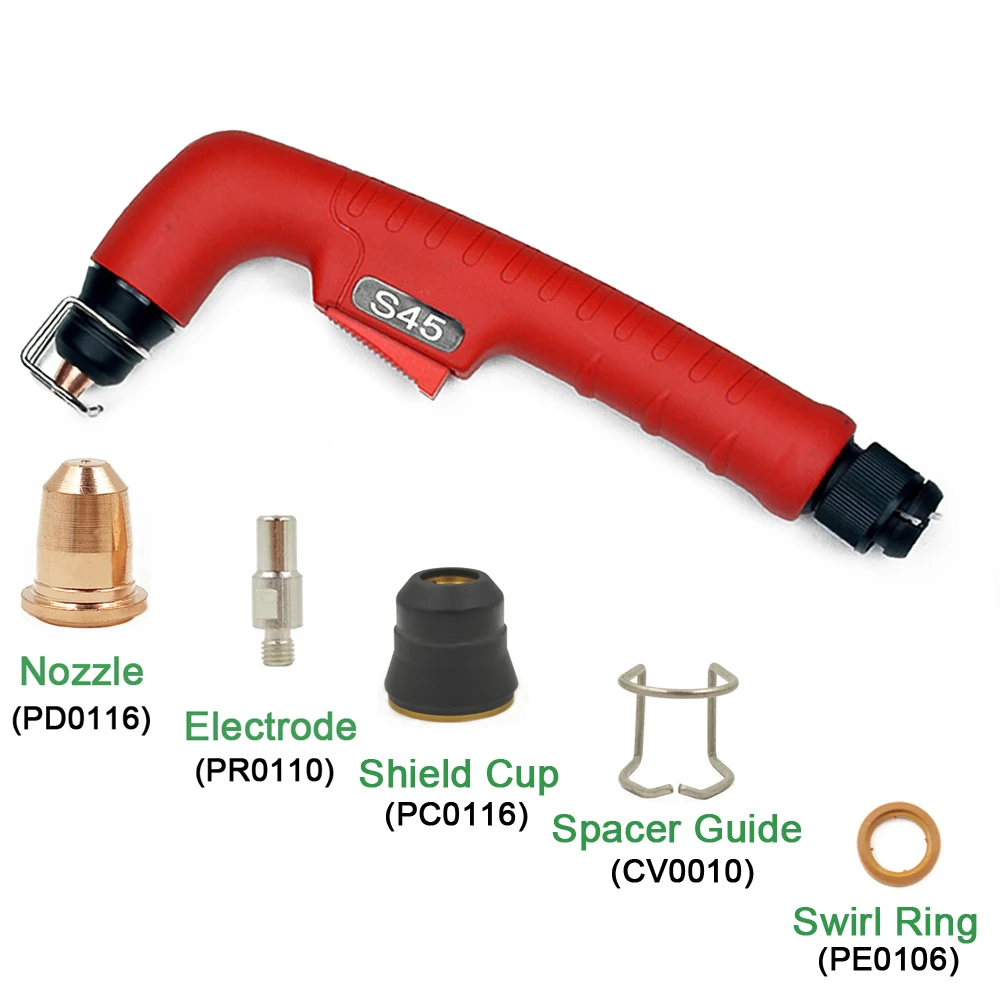 S-45 Plasma Compatible Trafimet S45 Torch Electrode PR0110 Tip 0.8/1.0mm PD0116 Shield Cup PC0116 Diffuser PE0106 Swirl Ring