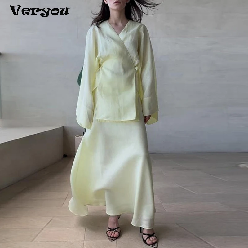 Elegant Women A-line Long Skirt Set V Neck Tie Long Sleeve Shirt High Waist Skirt Two Pice Sets Summer Outfits 2PCS