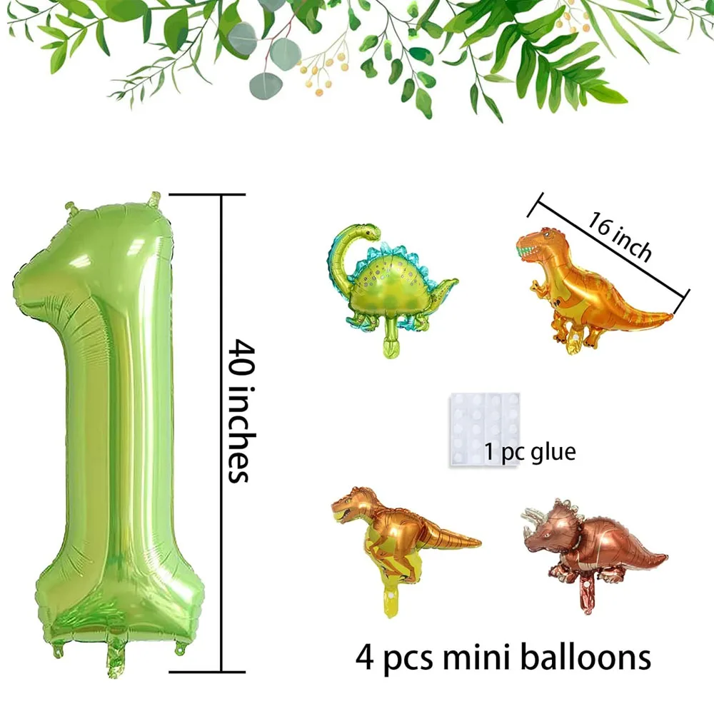 6Pcs Dinosaur Balloon Set 40inch Large Aluminum Foil Number Balloon with Cute Mini Dinosaur Ballon for Birthday Party Decoration