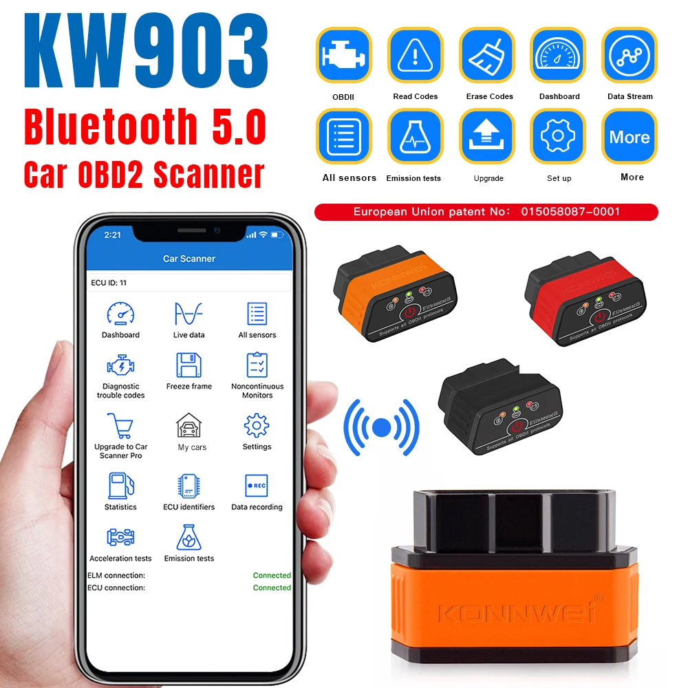 

2026 KONNWEI KW903 ELM327 v1.5 Bluetooth 5.0 Car OBD2 Scanner For Android iOS OBD 2 Car Code Reader Automotive iCar2 pic18f25k80