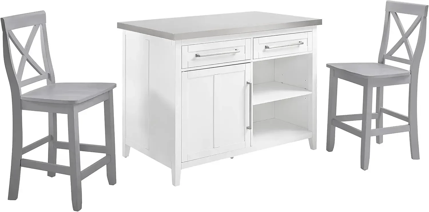 Crosley Furniture Silvia Kitchen Island con tapa de acero inoxidable y taburetes con respaldo en X, blanco/gris