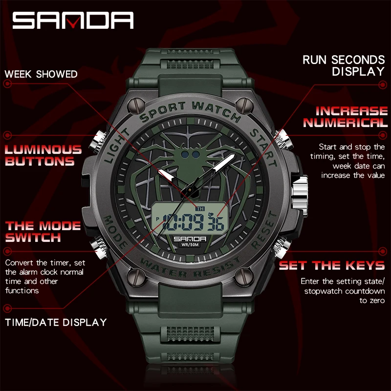 SANDA Military Men Sports Watch Waterproof Stopwatch LED Digital Watches Spider Sport Watches Men relogio masculino Quartz