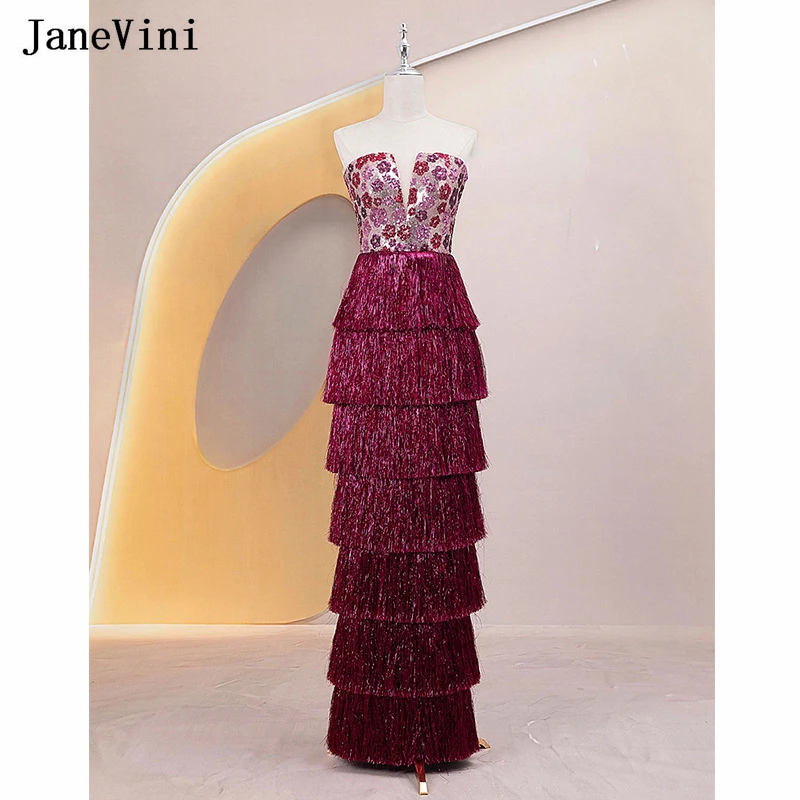 

JaneVini Luxury Fuchsia Sequins Mermaid Bridesmaid Dress for Woman Tiered Long Cocktail Dress Sexy V-Neck Wedding Guest Gowns