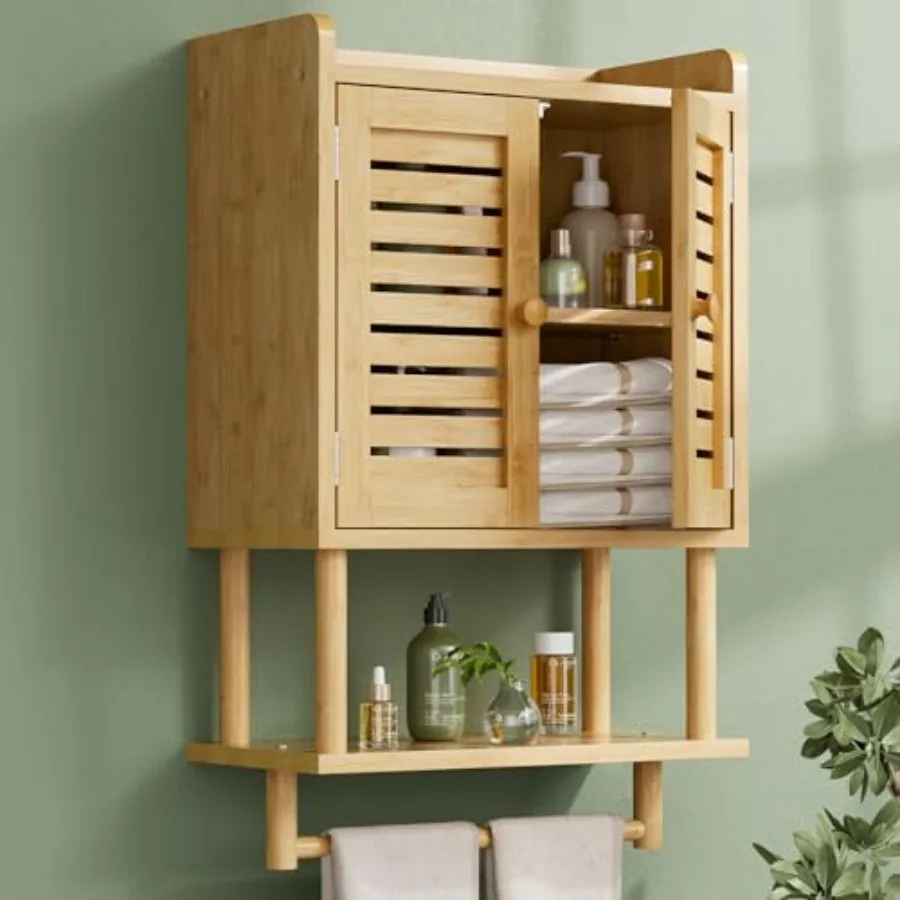 

Bathroom Wall Cabinet, Bamboo Over The Toilet Storage Cabinet, Hanging Medicine Cabinets with Towel Bar, Wall Mounted Storage S