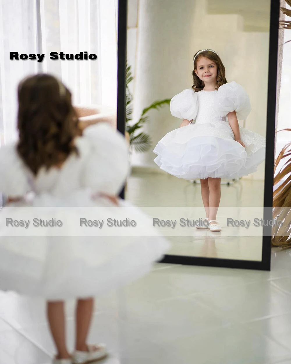 Glitter Tulle Flower Girl's Dresses Puff Sleeves Bow Mini First Communion Dress Organza Party Prom Gowns