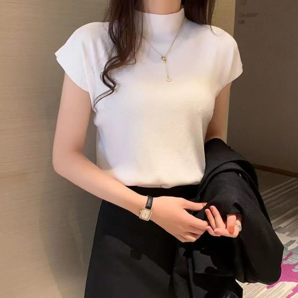 

Women's Ice Silk Knitted Sweater High-End T-shirt Short-Sleeved Summer Thin Western-Style Half-High Collar Base Shirt Top