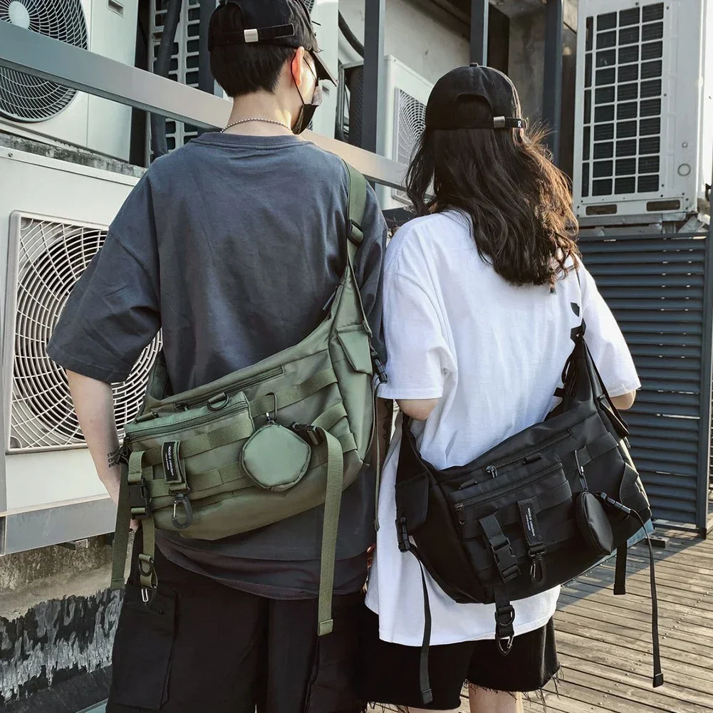 Bahu Gothic hitam selempang Messenger tas Tote untuk pria wanita pembelanja nilon Hip Hop Techwear tas pinggang Goth Postman US US 가