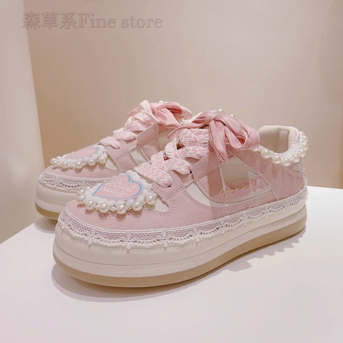 Girls Shoes Pink Lovely Pearls Decoractions Cute Bow Autumn 2023 New Girlish Heart Round Head High Quality Casual Sneakers